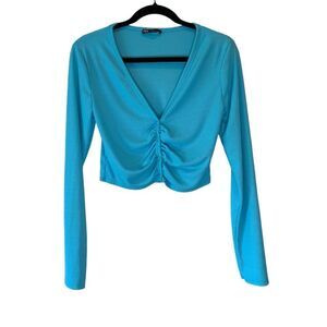 Zara Size Medium Rib Knit Crop Ruched Button Cardigan Top Blue